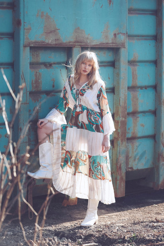 Vintage Coloured Patch Print Bohemian Maxi Style Dress