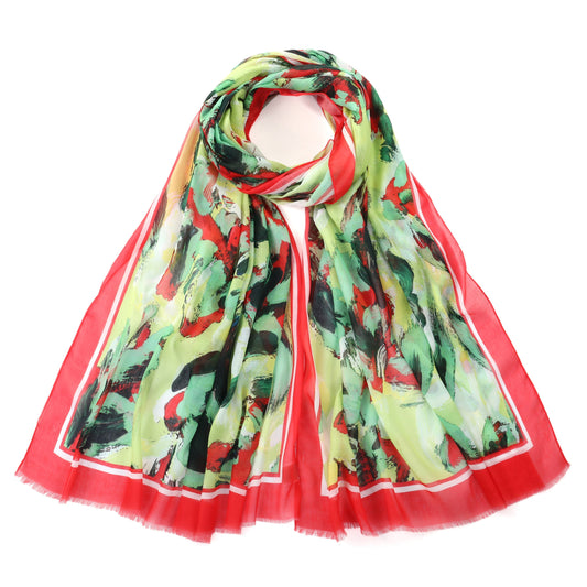 Abstract Print Silk Blend Scarf with Border - Green