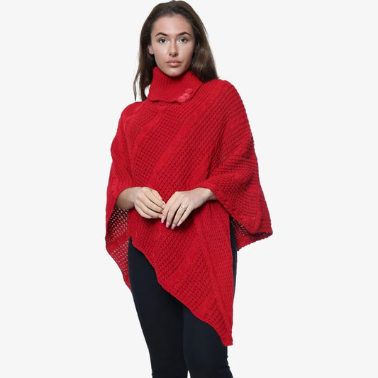 New Ladies 3 Button Knitted Cable Poncho Scarf Winter Jumper