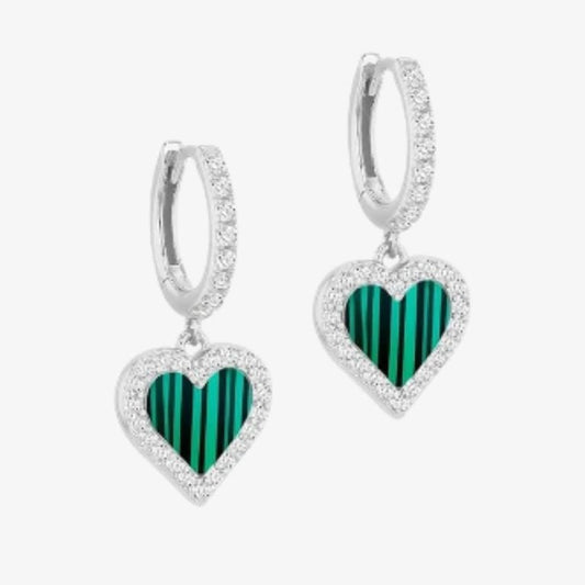 Silver Green Heart Hoop Drop Earring