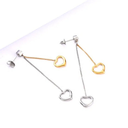 Double Heart Drop Earrings – Gold & Silver Heart Design
