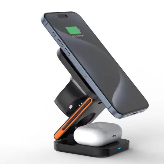 3-in-1 Foldable Magnetic Wireless Charging Station – 15W Fast Charger & Phone Holder