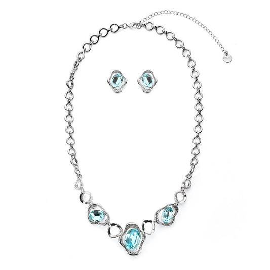 Triple Large Gem Stone Necklace Set - Silver-Blue