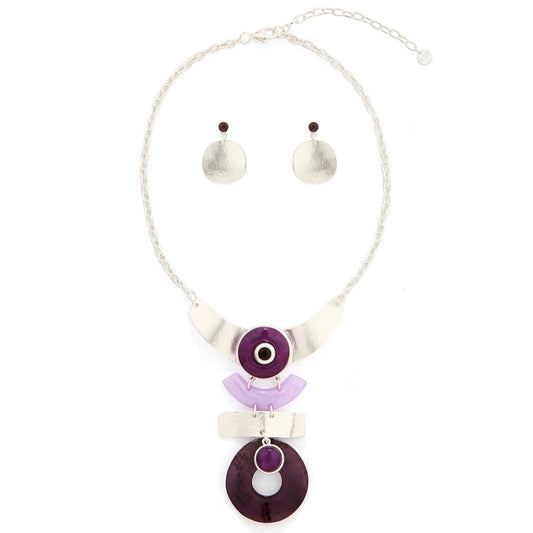 Geometric Purple and Silver Beads Necklace Set