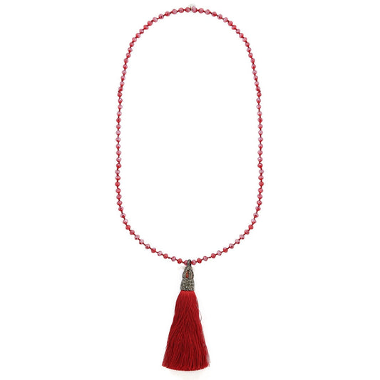Crystal Bead Necklace with Tassel - Red