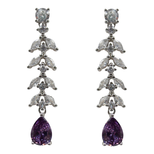 Silver Drop Earrings with Clear & Amethyst CZ Stones