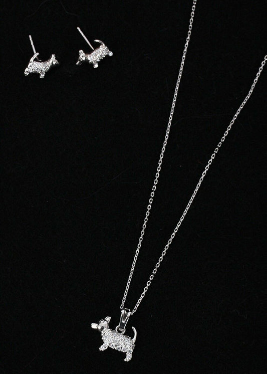 Mini Dog Cubic Zirconia Necklace & Earring Sets in Silver