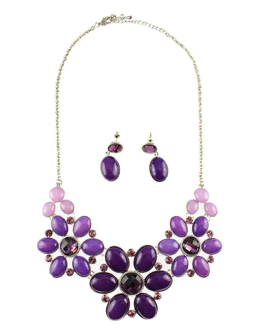 Floral Petal and Stone Necklace Set - Purple