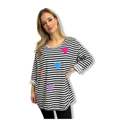 Striped Oversized Sweatshirt with Colorful Heart Accents