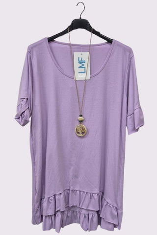 Plain Ruffle Hem Necklace Cotton Top