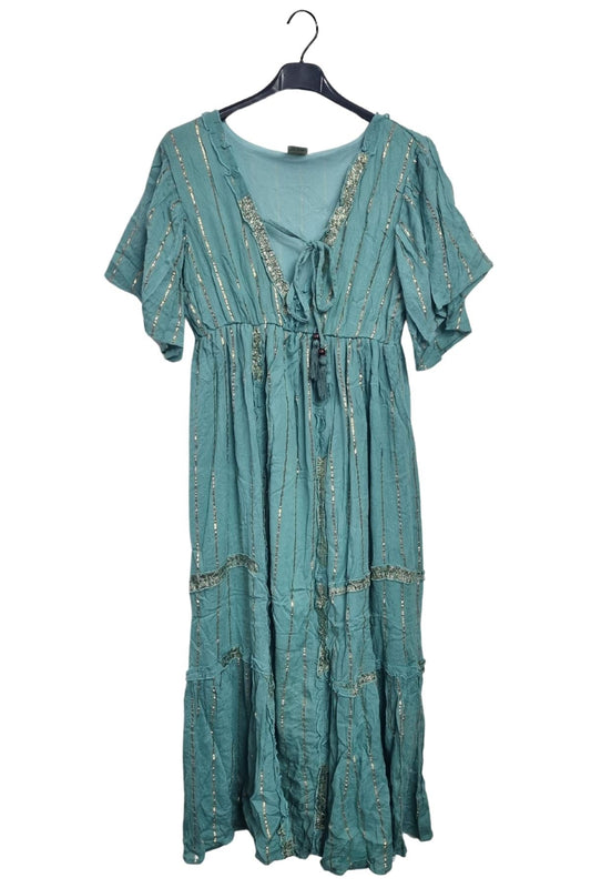 Vertical Metallic Stripe Detailing Pattern Bohemian Chic Dress