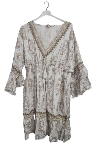 Paisley-Inspired Print Metallic Threadwork Vintage Bohemian Dress