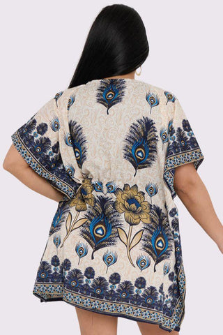 Peacock Feather Print Drawstring Waist Kaftan