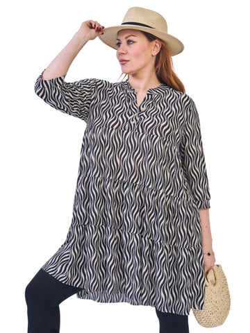 Multi Print V-Neckline With Button Dress