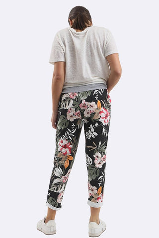 Women Cotton Tropical Print Drawstring Trouser