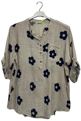 Floral Print Single Chest Pocket Cotton Top