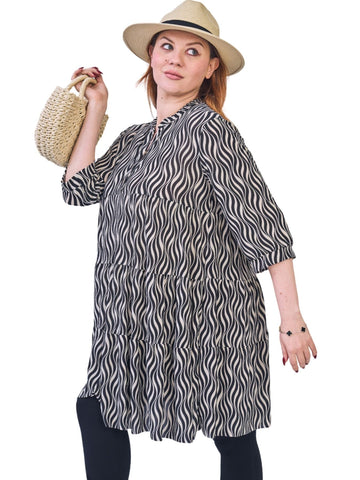 Multi Print V-Neckline With Button Dress