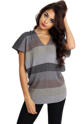 Multi Colour Metallic Knit Mix Top With V Front V Back and Tie Detail