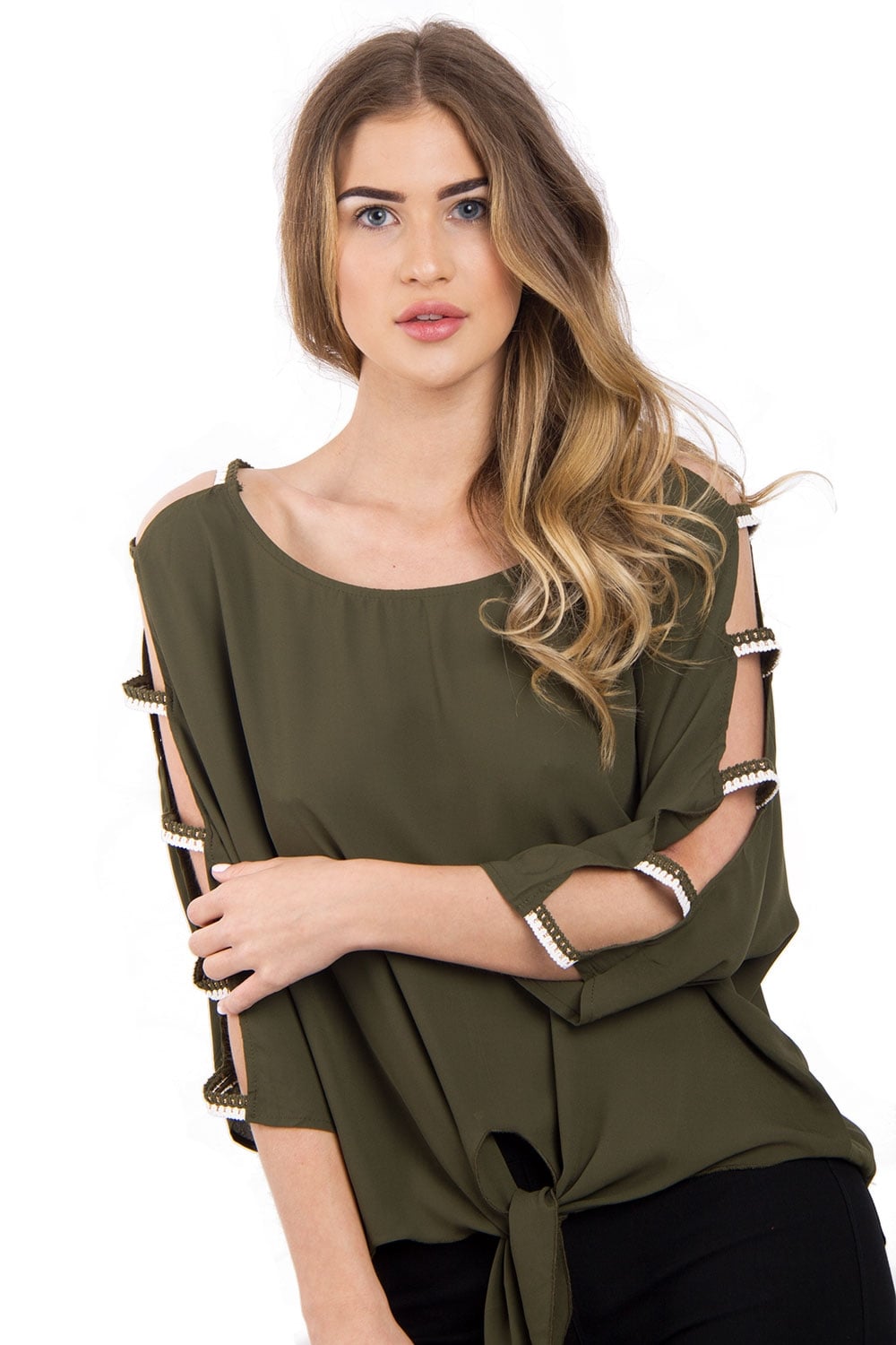 Cut Out Sleeves Top with Tie Front