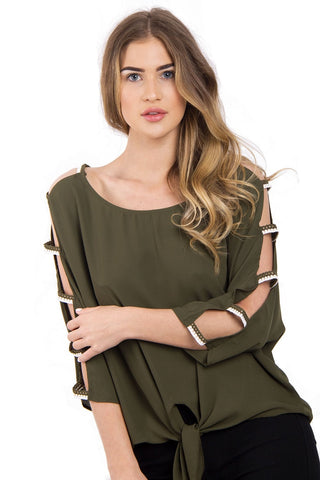 Cut Out Sleeves Top with Tie Front