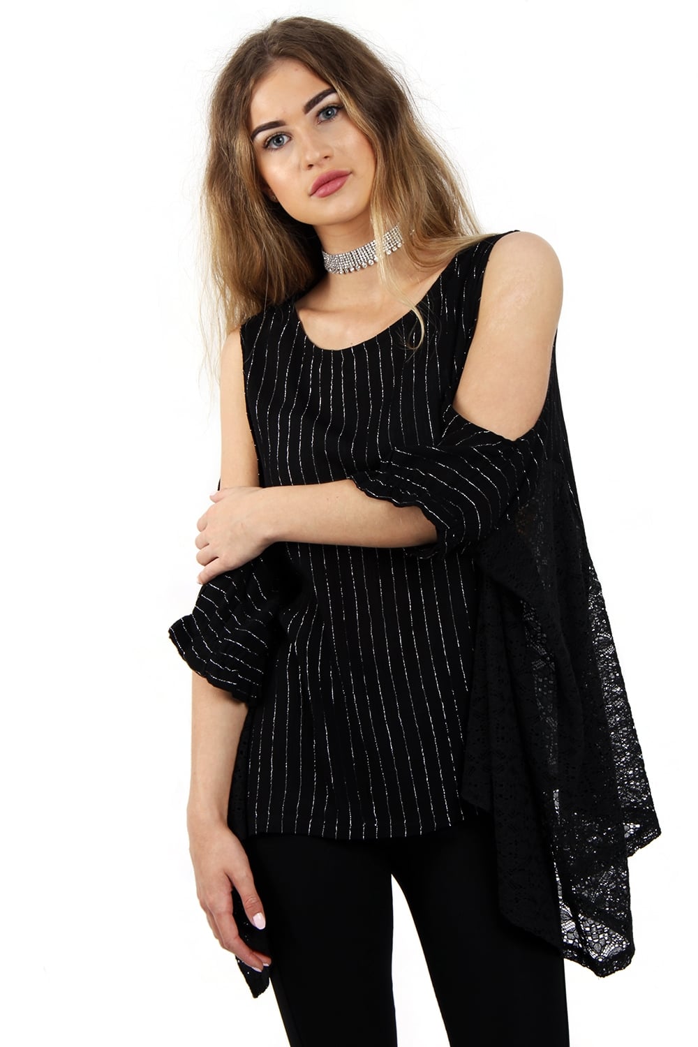 Pin Stripe Oversized Cold Shoulder Lace Insert Top