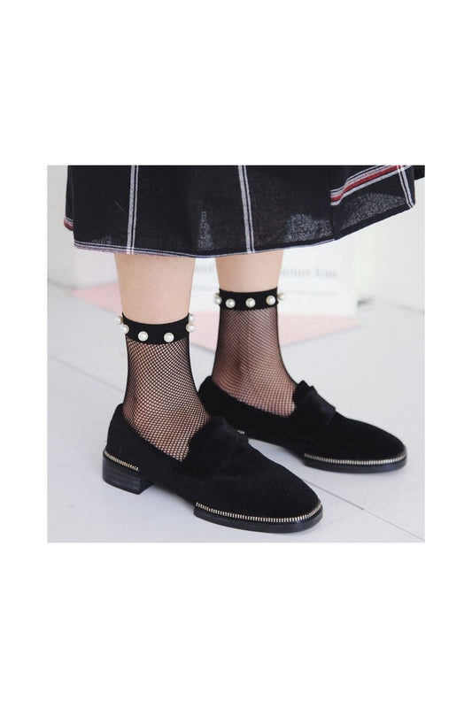 Cute Fishnet Mesh Ankle Pop Socks With Pearl
