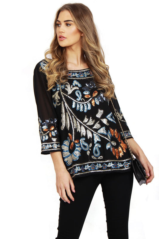 Black Color Embellished Over sized Top