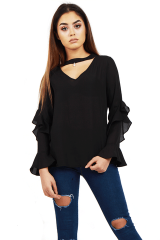 Chiffon Ruffle Sleeve Cut Out Neck Blouse Top