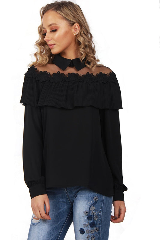 Mesh Floral Applique Collar Summer Shirt Top
