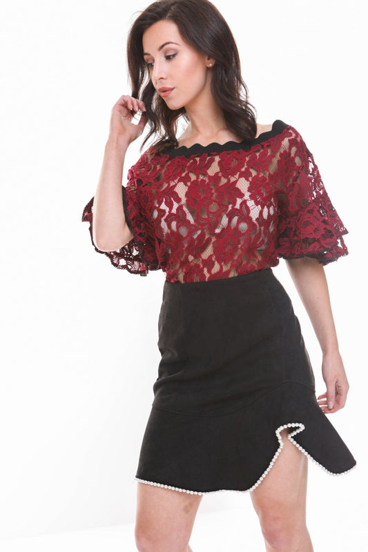 Black and Red Satin and Lace Off Shoulder Ruffle Sleeve Top