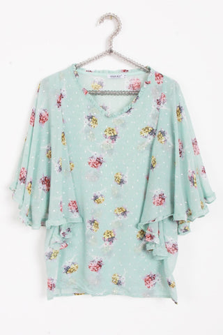 Mint Green Vintage Floral Print Batwing Frill Top