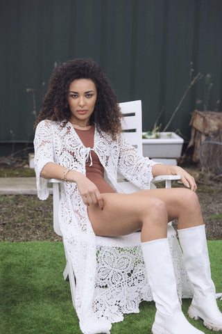 Floral Crochet Pattern Drawstring Fastening Cotton Long Cardigan