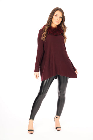 Oversized Fur Trim Collar Knitted Jumper