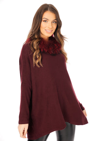 Oversized Fur Trim Collar Knitted Jumper