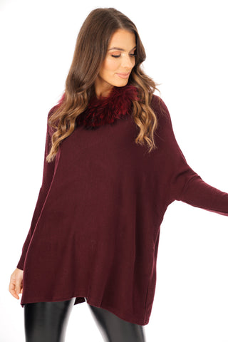 Oversized Fur Trim Collar Knitted Jumper