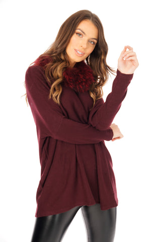 Oversized Fur Trim Collar Knitted Jumper