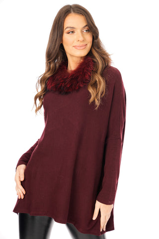 Oversized Fur Trim Collar Knitted Jumper