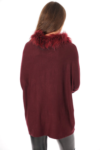 Oversized Fur Trim Collar Knitted Jumper