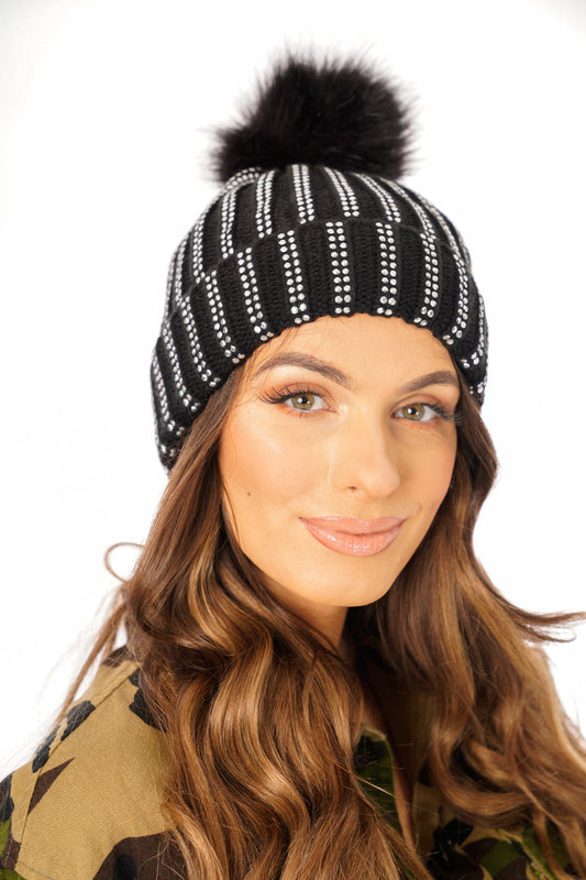 FAUX Fur Bobble Pom Pom Beanie Hat with Rhinestones Gem