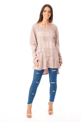 Long Sleeve Knitted Top with Diamante Mesh Patchwork