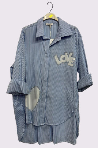 Stripe Print Love Heart Rhinestone Cotton Shirt