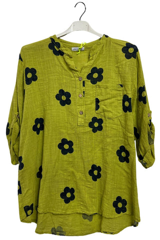 Floral Print Single Chest Pocket Cotton Top
