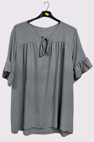 Plain Tie Neck Ruffle Sleeve Top