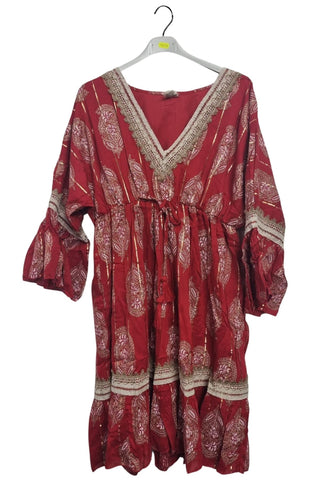 Paisley-Inspired Print Metallic Threadwork Vintage Bohemian Dress