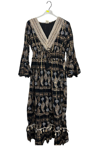 Paisley Geometric Motifs With Grecian Border Vintage Bohemian Dress
