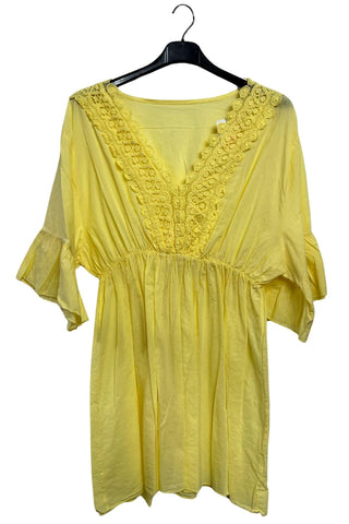 Plain V-Neckline With Lace Trim Detailing Tunic Cotton Dress