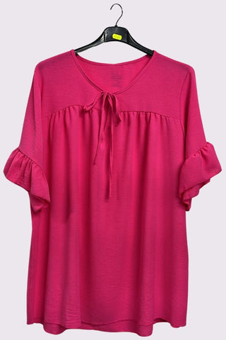 Plain Tie Neck Ruffle Sleeve Top
