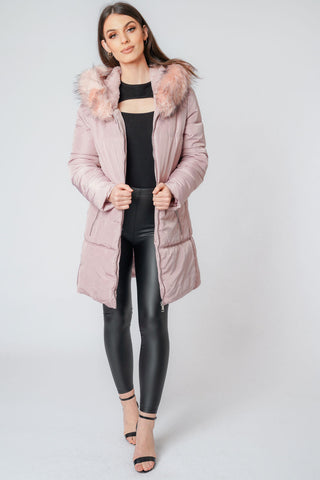 Long Quilted Faux Fur Hooded Coat