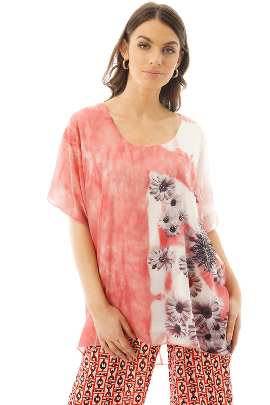 Diamante Floral Print Floaty Silky  Top
