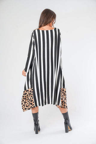 Stripe and Leopard Print Border Floaty Asymmetric Dress
